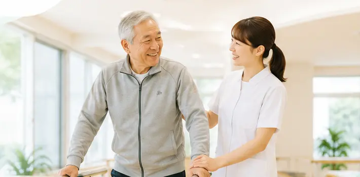 スタッフが歩行リハビリを支える様子